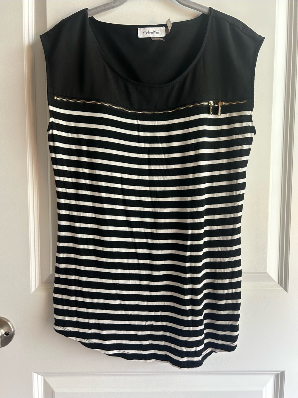 Calvin Klein Black and White Striped Sleeveless Blouse with Gold Zip